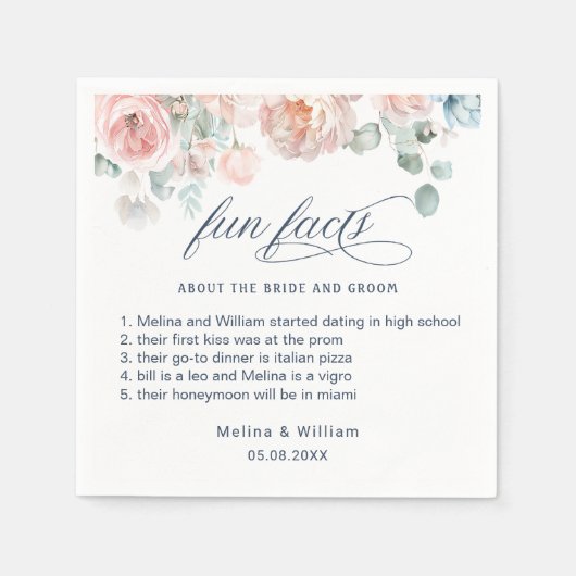 Elegant Blush Pink Floral Facts Weddenschap Servet (Voorkant)