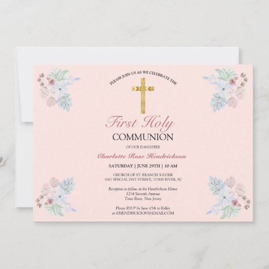 Elegant Blush Pink Floral First Heilige Communie Kaart (Voorkant)
