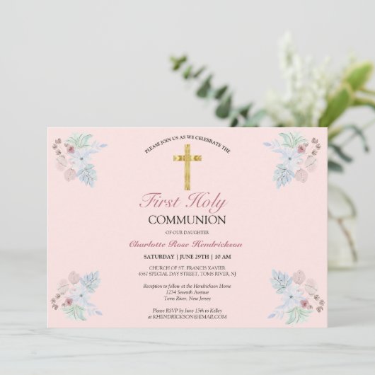 Elegant Blush Pink Floral First Heilige Communie Kaart (Staand voorkant)