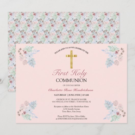 Elegant Blush Pink Floral First Heilige Communie Kaart (Voorkant / Achterkant)