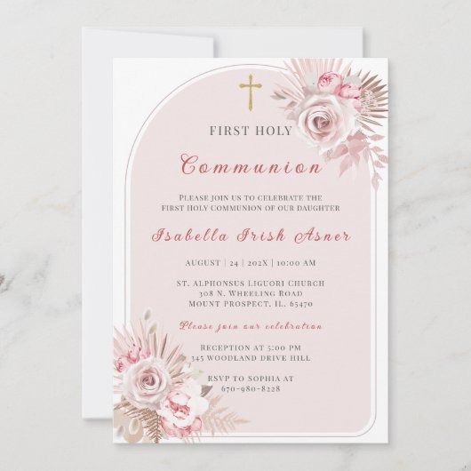 Elegant Blush Pink Floral First Heilige Communie Kaart (Voorkant)