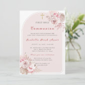 Elegant Blush Pink Floral First Heilige Communie Kaart (Staand voorkant)