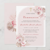 Elegant Blush Pink Floral First Heilige Communie Kaart (Voorkant / Achterkant)