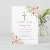 Elegant Blush Pink Floral First Holy Communion Kaart (Staand voorkant)