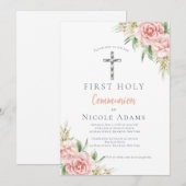 Elegant Blush Pink Floral First Holy Communion Kaart (Voorkant / Achterkant)