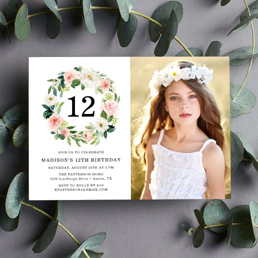 Elegant Blush Pink Floral Foto Birthday Party Kaart