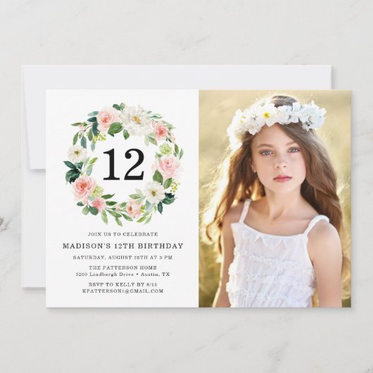 Elegant Blush Pink Floral Foto Birthday Party Kaart (Voorkant)