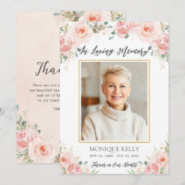 Elegant Blush Pink Floral Foto Funeral Memorial Bedankkaart