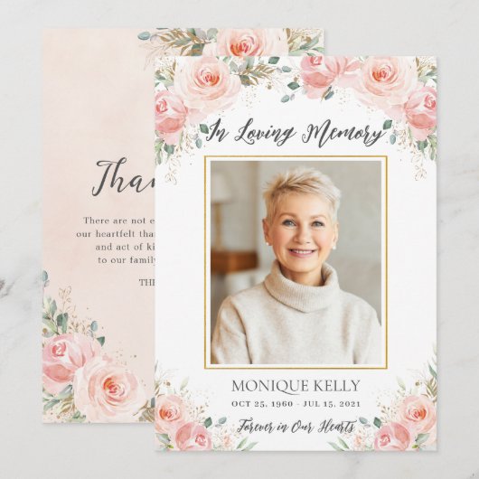 Elegant Blush Pink Floral Foto Funeral Memorial Bedankkaart (Voorkant / Achterkant)