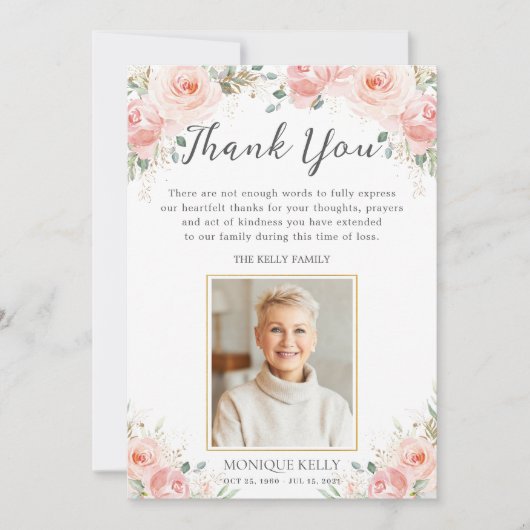 Elegant Blush Pink Floral Foto Funeral Memorial Bedankkaart (Voorkant)