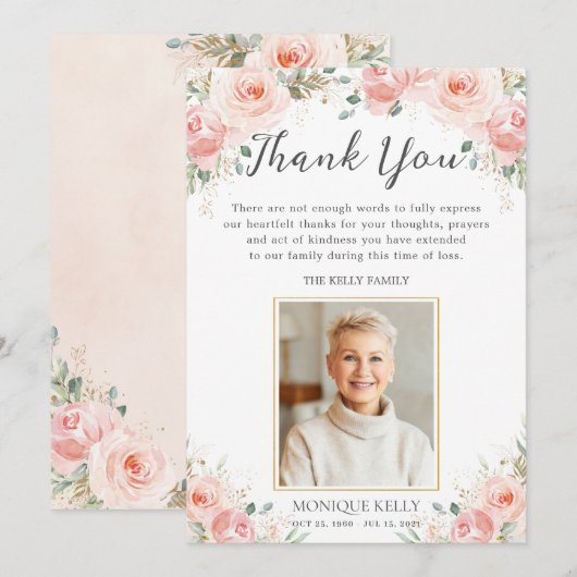 Elegant Blush Pink Floral Foto Funeral Memorial Bedankkaart (Voorkant / Achterkant)