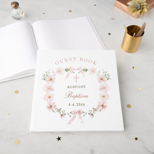 Elegant Blush Pink Floral Frame Baptism Gastenboek (Voorkant open)