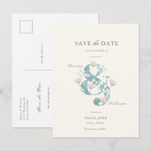 Elegant Blush Pink Floral Garden Save the Date Aankondigingskaart (Voorkant / Achterkant)