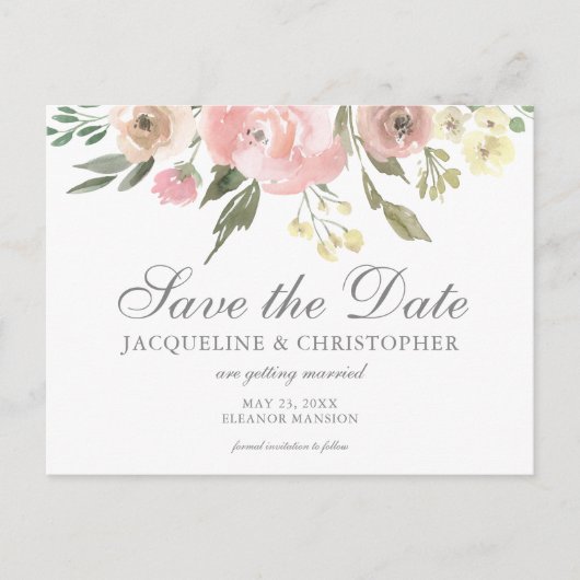 Elegant Blush Pink Floral Garden Save the Date Briefkaart (Voorkant)