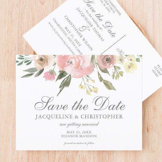 Elegant Blush Pink Floral Garden Save the Date Briefkaart