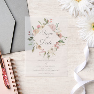 Elegant Blush Pink Floral Garden Save the Date Vellum Uitnodigingen