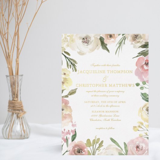 Elegant Blush Pink Floral Garden Weddenschap Gold Folie Uitnodiging