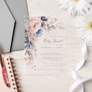 Elegant Blush Pink Floral Girl Baby shower Vellum Uitnodigingen