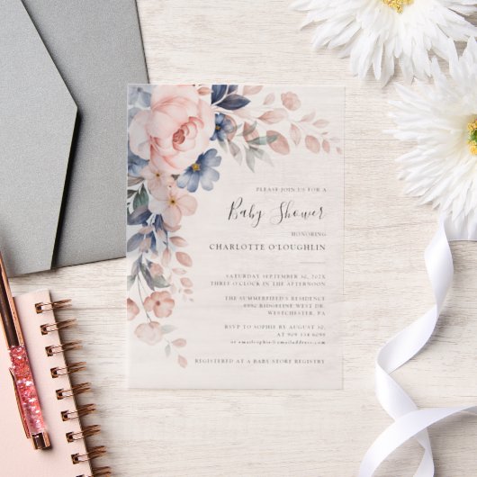 Elegant Blush Pink Floral Girl Baby shower Vellum Uitnodigingen (Huwelijk)