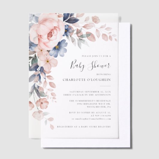 Elegant Blush Pink Floral Girl Baby shower Vellum Uitnodigingen (Offset)
