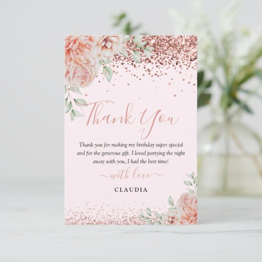 Elegant Blush Pink Floral Glitter Birthday Bedankkaart (Staand voorkant)