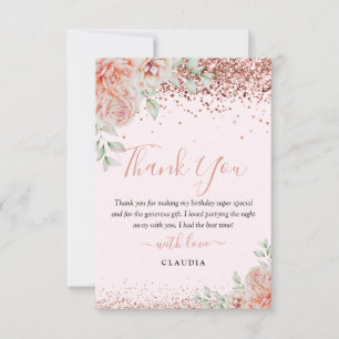 Elegant Blush Pink Floral Glitter Birthday Bedankkaart