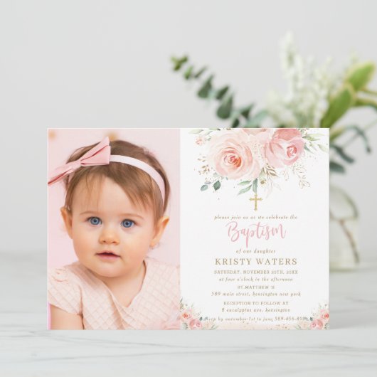 Elegant Blush Pink Floral Gold Baptisme Foto Kaart (Staand voorkant)