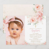 Elegant Blush Pink Floral Gold Baptisme Foto Kaart (Voorkant / Achterkant)