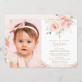 Elegant Blush Pink Floral Gold Baptisme Foto Kaart