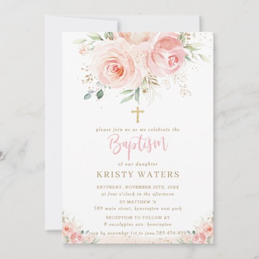 Elegant Blush Pink Floral Gold Baptisme Kaart (Voorkant)