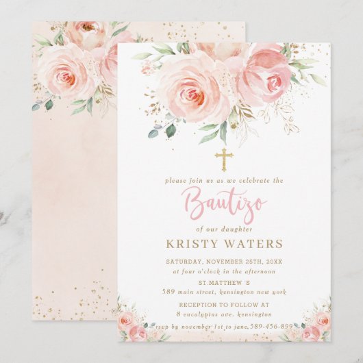 Elegant Blush Pink Floral Gold Bautizo Spaans Kaart (Voorkant / Achterkant)