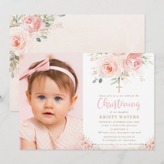 Elegant Blush Pink Floral Gold Christening Foto Kaart (Voorkant / Achterkant)