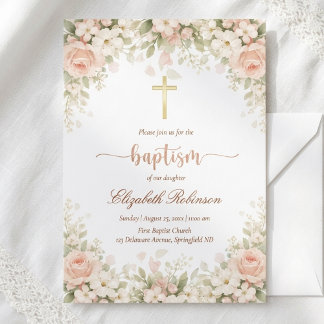 Elegant Blush Pink Floral Gold Cross Baptism Kaart