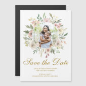 Elegant Blush Pink Floral Gold Foto Save the Date Magnetische Uitnodiging (Voorkant / Achterkant)