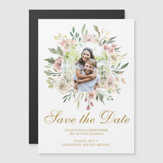 Elegant Blush Pink Floral Gold Foto Save the Date Magnetische Uitnodiging (Voorkant / Achterkant)