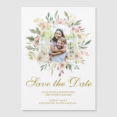 Elegant Blush Pink Floral Gold Foto Save the Date Magnetische Uitnodiging (Voorkant)