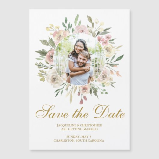 Elegant Blush Pink Floral Gold Foto Save the Date Magnetische Uitnodiging (Voorkant)