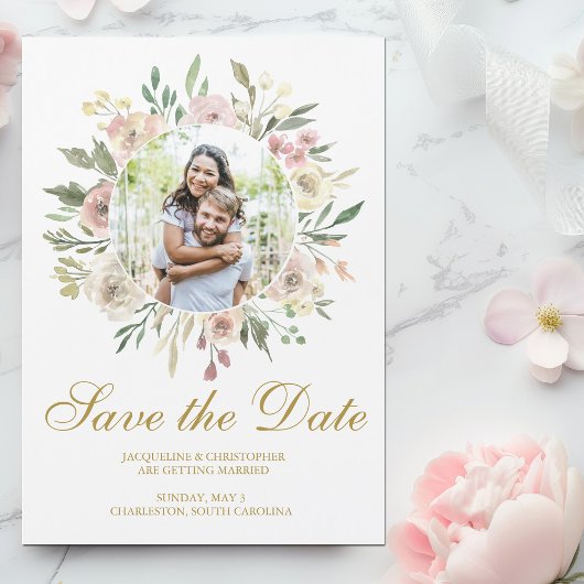 Elegant Blush Pink Floral Gold Foto Save the Date Magnetische Uitnodiging