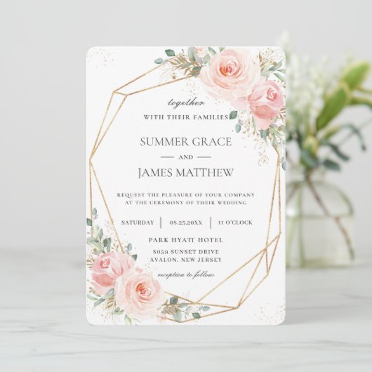 Elegant Blush Pink Floral Gold Geometric Wedding Kaart (Staand voorkant)
