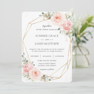 Elegant Blush Pink Floral Gold Geometric Wedding  Kaart
