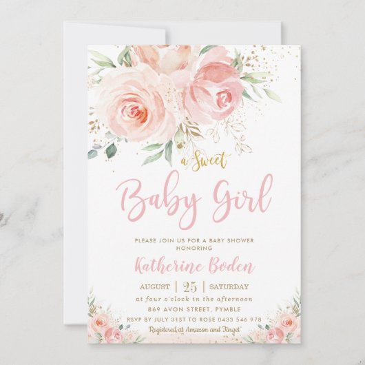 Elegant Blush Pink Floral Gold Girl Baby shower Kaart (Voorkant)