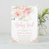 Elegant Blush Pink Floral Gold Girl Baby shower Kaart (Staand voorkant)