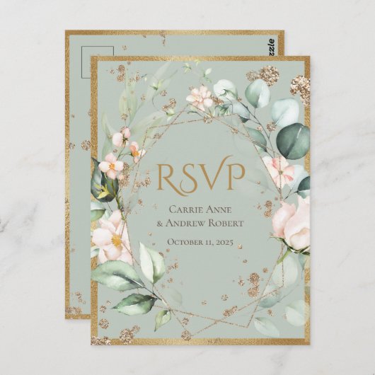 Elegant Blush Pink Floral Gold Green Wedding Briefkaart (Voorkant / Achterkant)