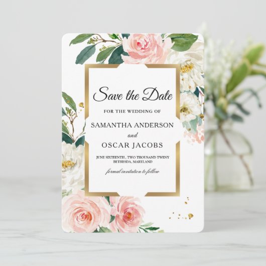 Elegant Blush Pink Floral Gold Lijst & druppels Save The Date (Staand voorkant)