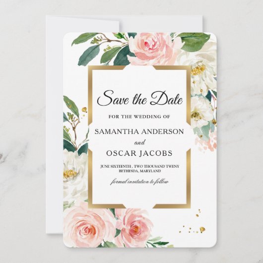 Elegant Blush Pink Floral Gold Lijst & druppels Save The Date (Voorkant)