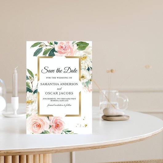 Elegant Blush Pink Floral Gold Lijst & druppels Save The Date