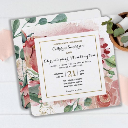 Elegant Blush Pink Floral Gold Lijst Weddenschap Kaart