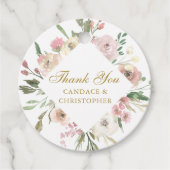 Elegant Blush Pink Floral Gold Script Weddenschap Bedankjes Labels (Voorkant)