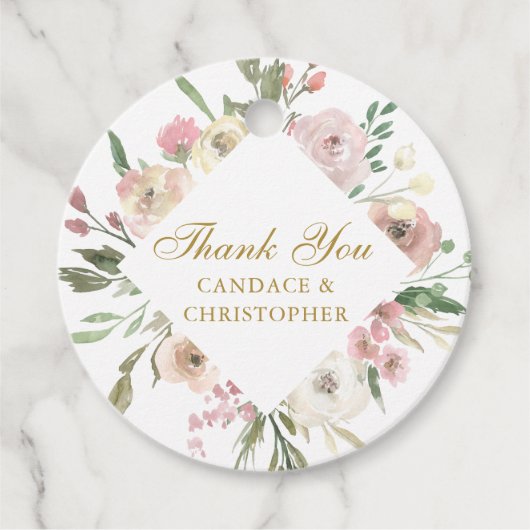 Elegant Blush Pink Floral Gold Script Weddenschap Bedankjes Labels (Voorkant)