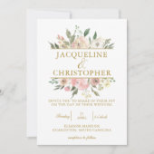 Elegant Blush Pink Floral Gold Script Weddenschap Kaart (Voorkant)
